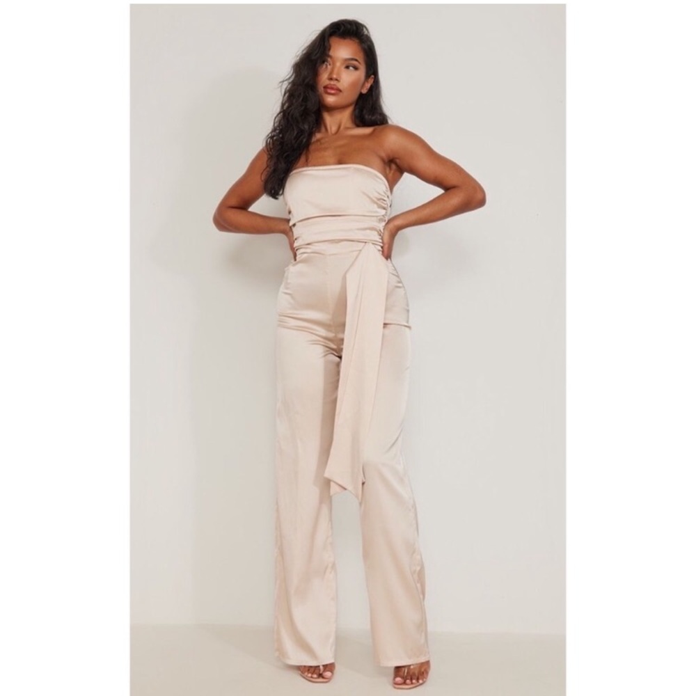 Pretty Little Thing Champagne Satin Bandeau Tie Side Jumpsuit